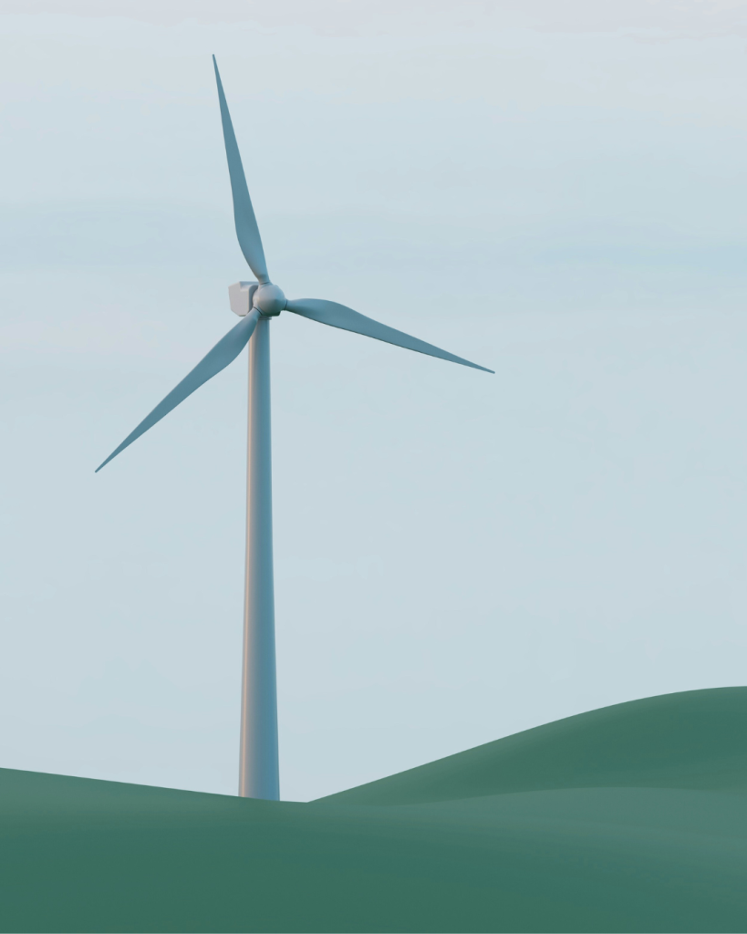 Wind turbine in a green field with blue sky in the background